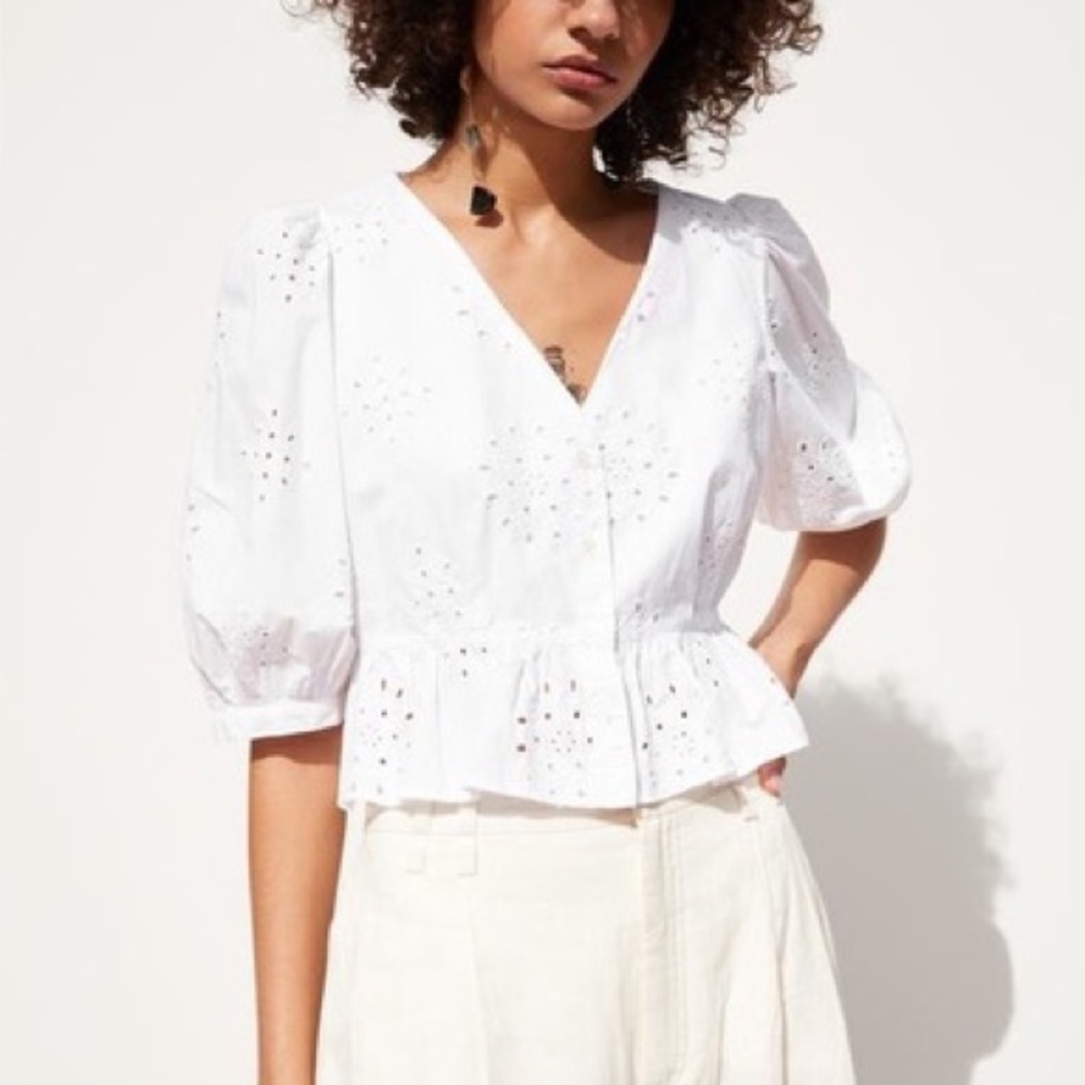 Zara Eyelet Cropped Puff Sleeve Top